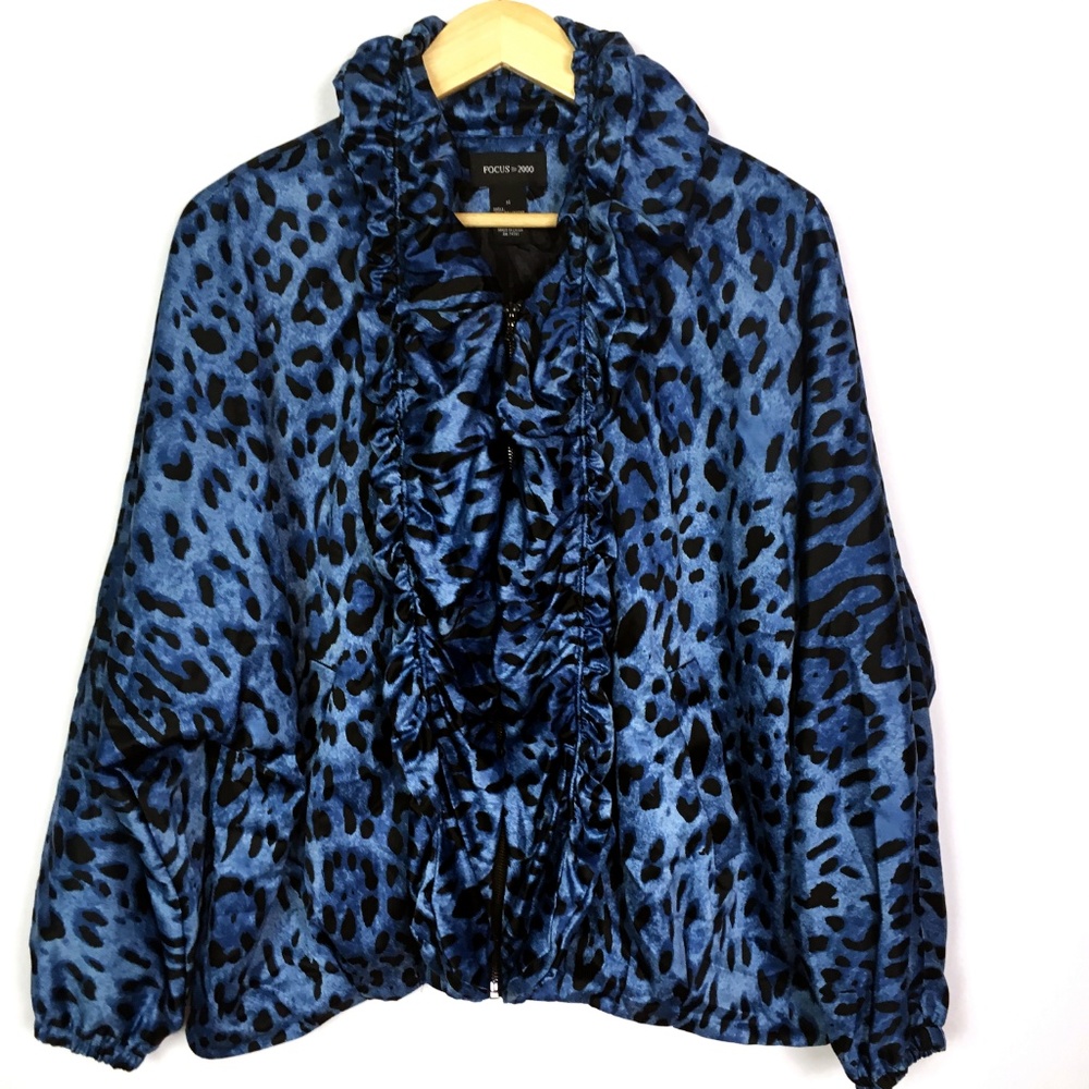 Focus 2000 Blue Animal Print Ruffle Zip Up Jacket
